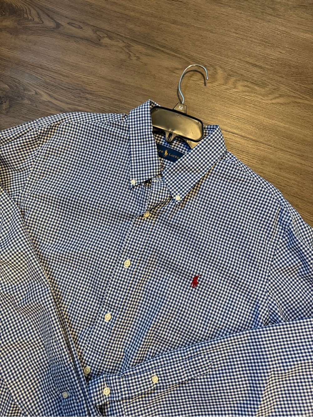 Polo Ralph Lauren Button Shirt Mens XL Slim Blue White Gingham Oxford Flesh Pony